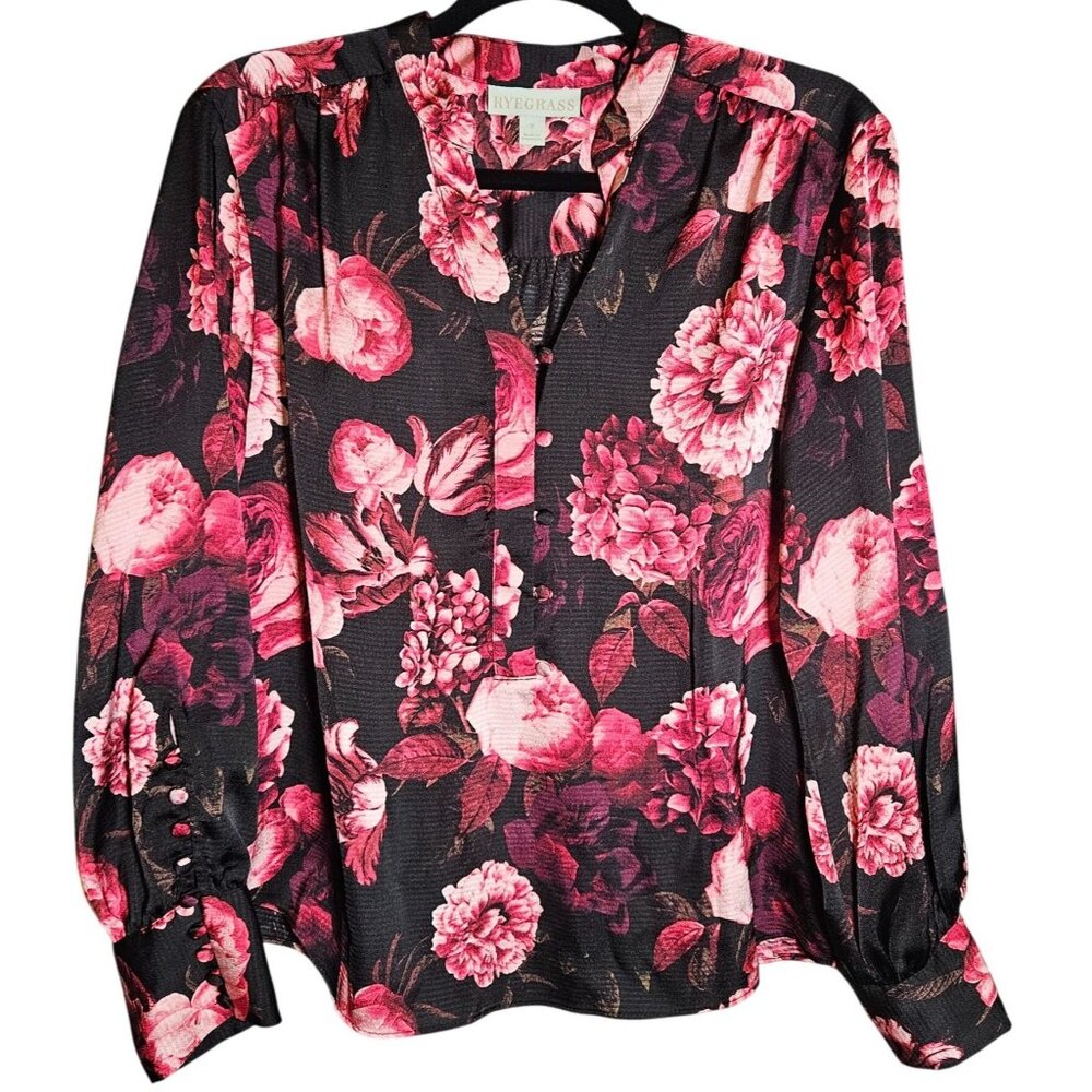 Floral Ryegrass Black & Red Long Sleeve Button Blouse Women’S Size S
